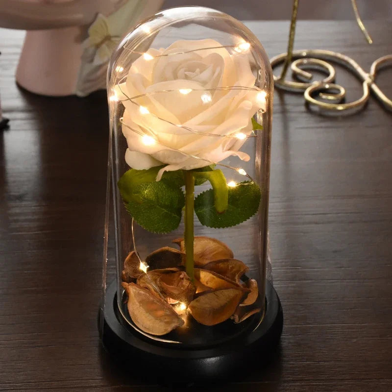 Ewig haltbare Rose im Glas mit LED-Streifen