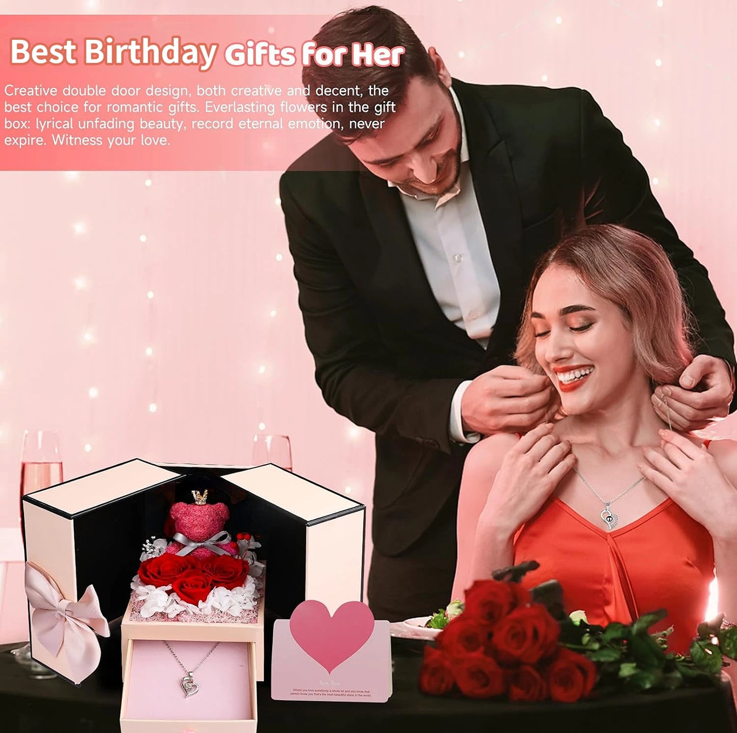 CASA in Love Geschenkbox mit Teddy, ewig haltbaren Rosen und einer Kette